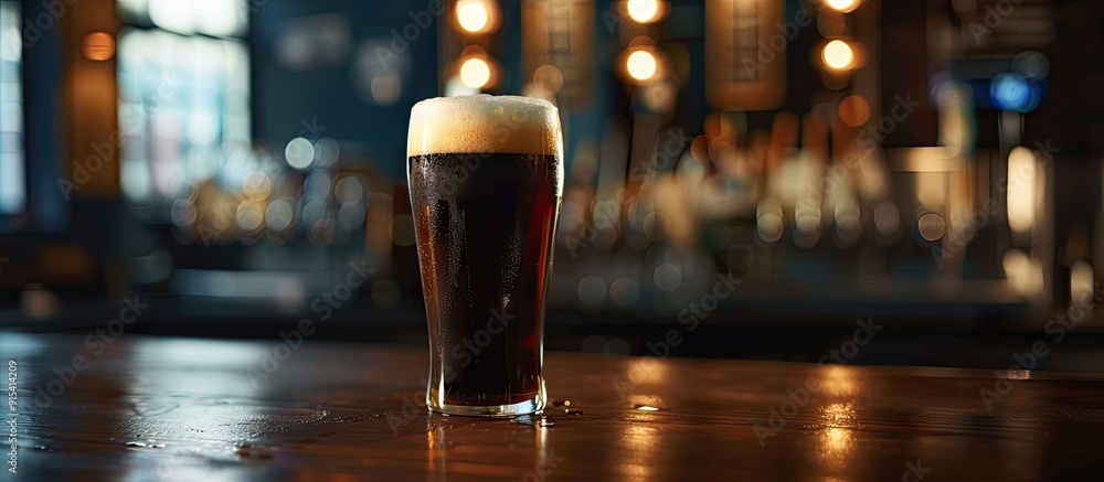 Dark beer in a glass on a table in a pub with copyspace for a menu text Dark beer in a glass on a table in a pub with copyspace for a menu text