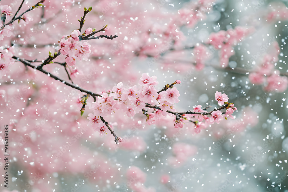 Snow falling on a spring blossom tree Snow falling on a spring blossom tree