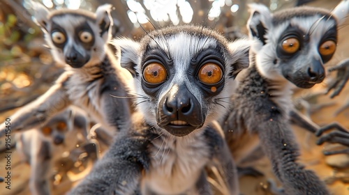 Group of Lemur Cattas close-up in the wild