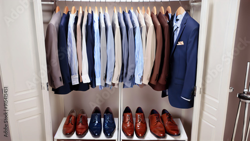 Elegant Essentials: Modern Men's Wardrobe in Pastel Palette with Quality Accessories and Organized Closet