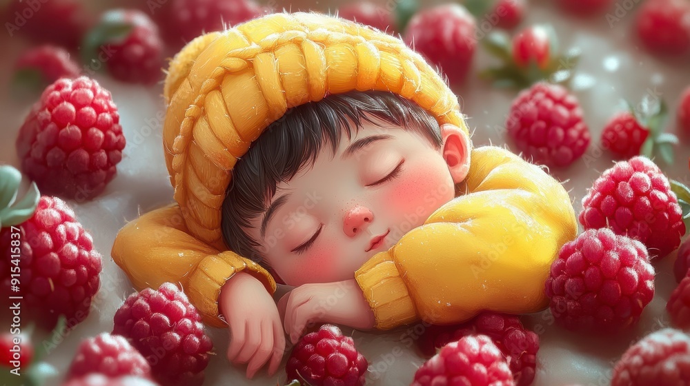 Fototapeta premium Cartoon child sleeping on vegetables and fruits