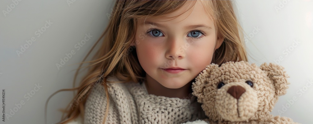 Little girl hugging teddy bear looking at camera and smiling. against white wall in clean white room. advertising banner with space for text Little girl hugging teddy bear looking at camera and smiling. against white wall in clean white room. advertising banner with space for text