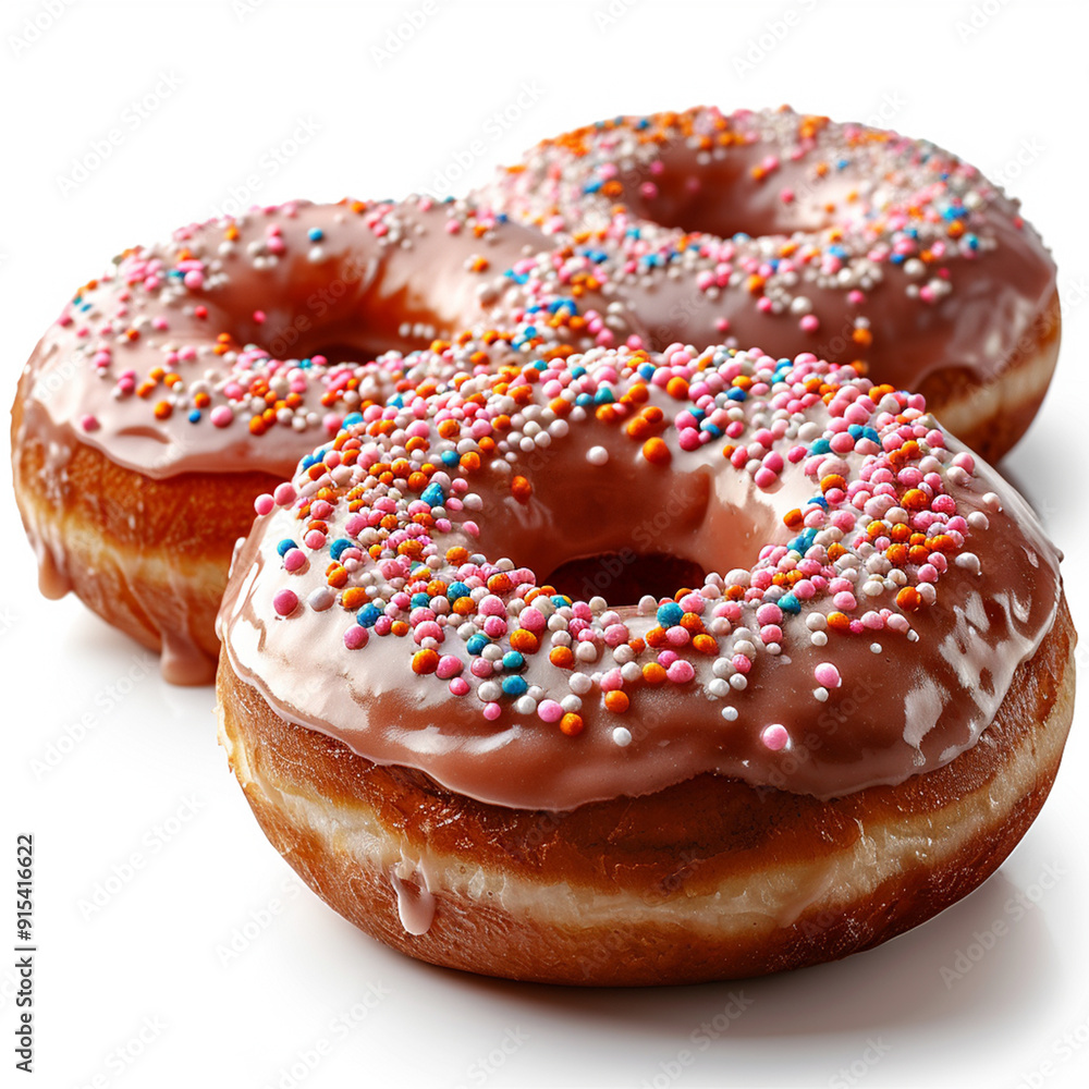 Sweet strawberry glazed donuts with sprinkles on white background, Delicious colorful donuts isolated on white background With clipping path. Made with generative ai. Sweet strawberry glazed donuts with sprinkles on white background, Delicious colorful donuts isolated on white background With clipping path. Made with generative ai.