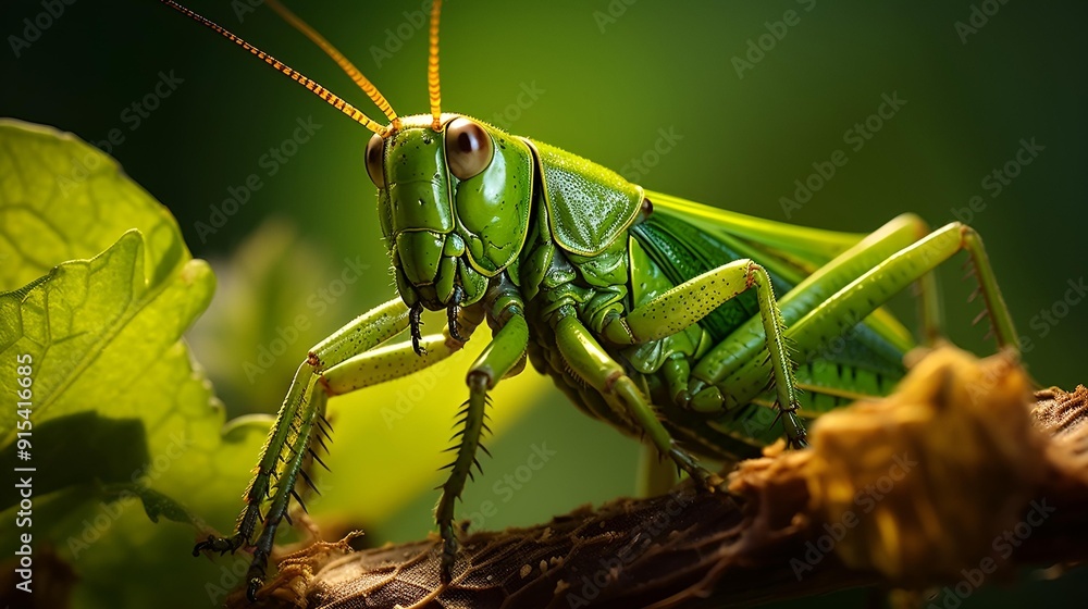 A close-up view of a vibrant green grasshopper perched on a leaf.