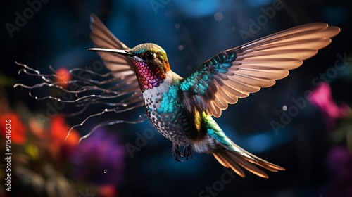 A hummingbird flying with wings spread wide, elegantly navigating the air. photo