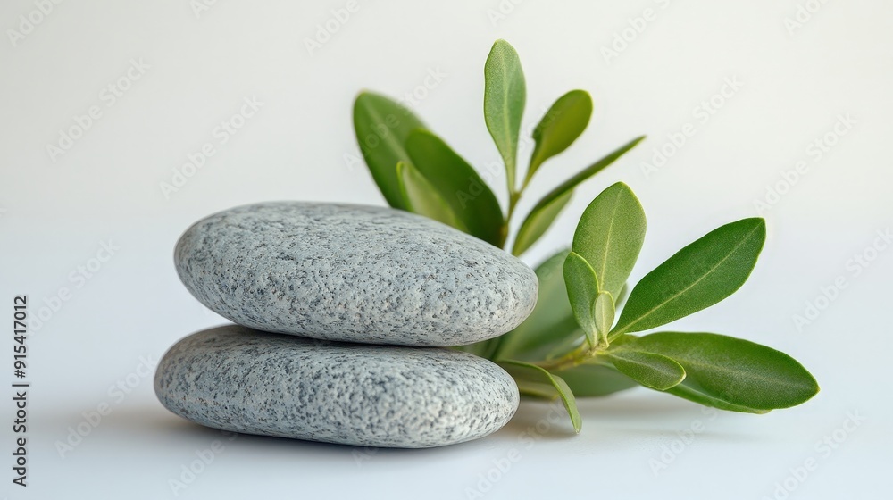 Tranquil Scene with Sage Twig and Smooth Pebbles on Sand Tranquil Scene with Sage Twig and Smooth Pebbles on Sand