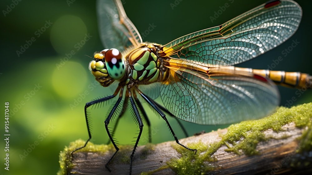 A dragonfly is perched on a branch adorned with green moss. A dragonfly is perched on a branch adorned with green moss.