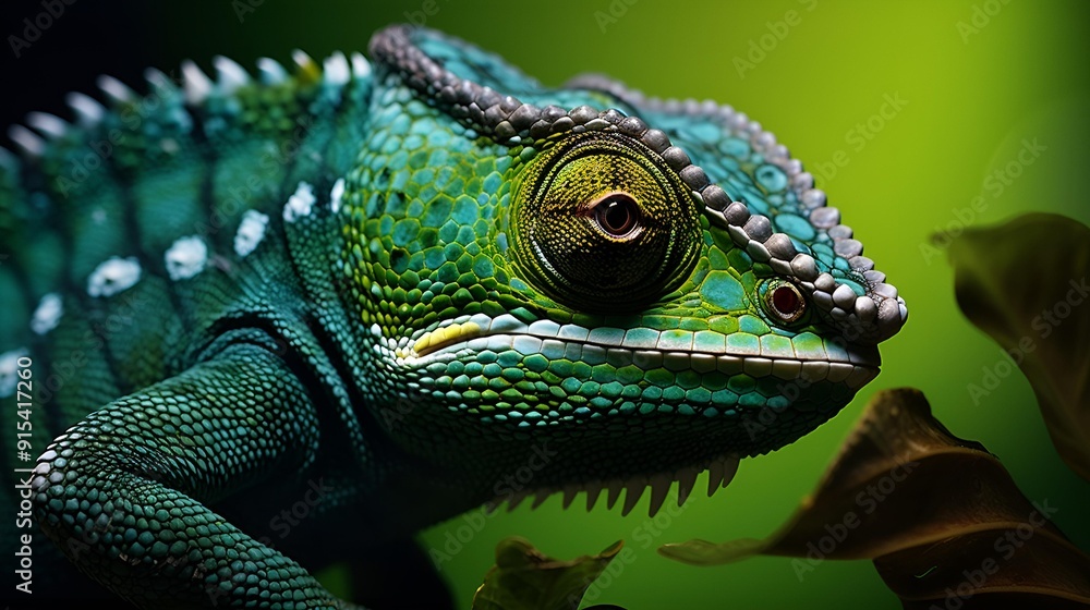 A chameleon resting on a leaf, blending with its surroundings.