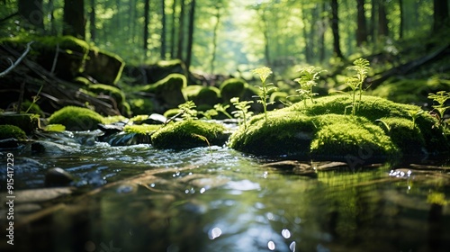 A serene stream flows through a lush forest, surrounded by vibrant green moss.