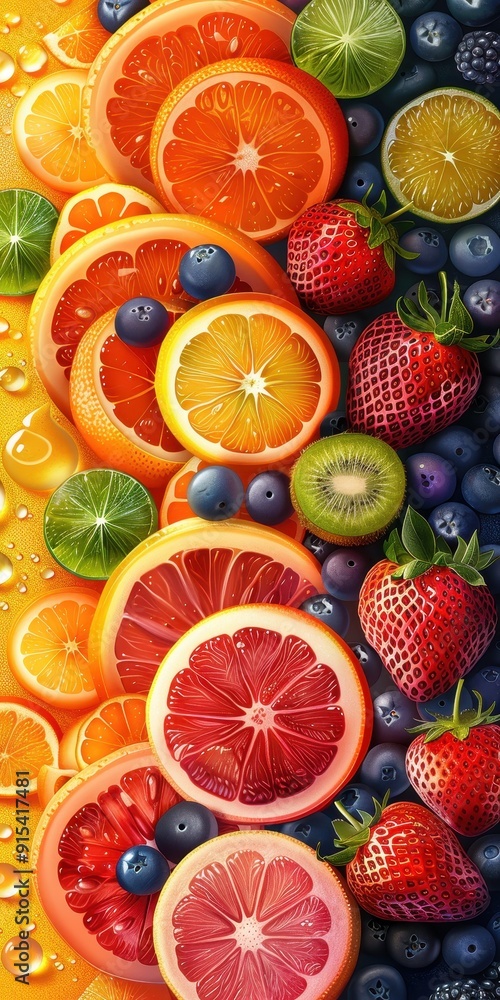 Elegant abstract fruit arrangement featuring vibrant citrus and berries on a colorful background Elegant abstract fruit arrangement featuring vibrant citrus and berries on a colorful background