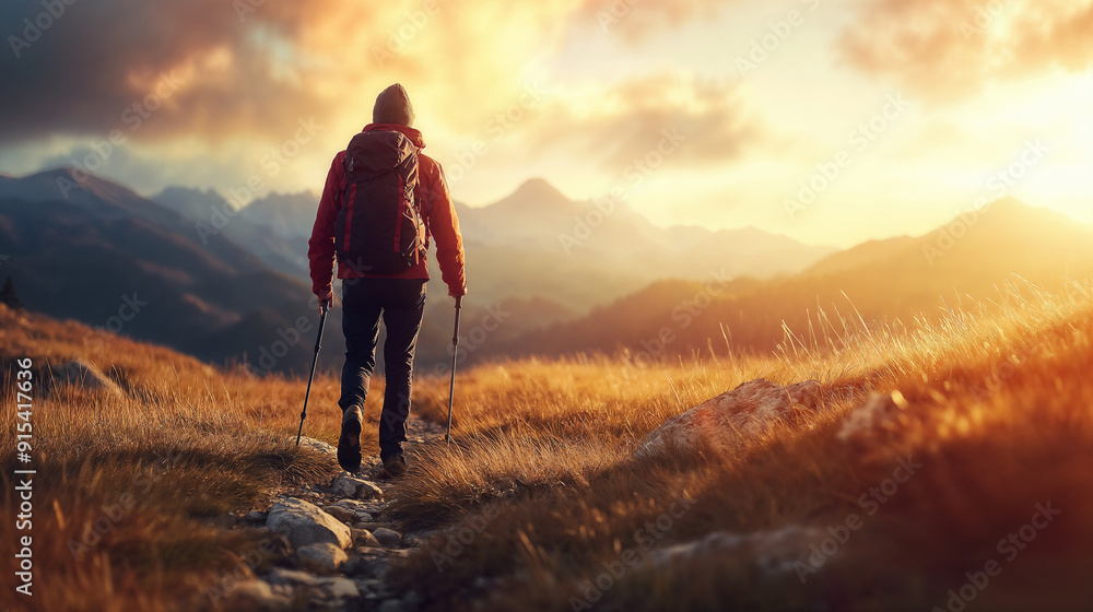 Fototapeta premium Person hiking in beautiful mountains in autumn with trekking poles