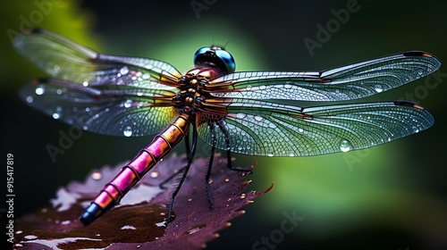 A dragonfly perched delicately, its wings adorned with glistening raindrops.