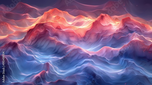 Vibrant digital mountains under a twilight sky with mixed colors and textures