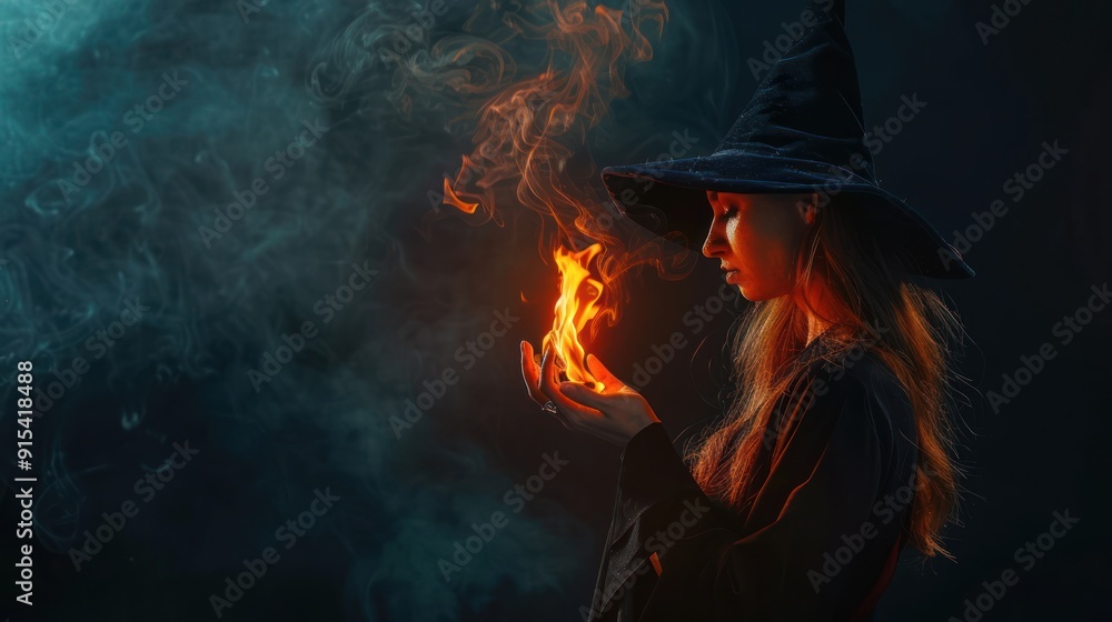 Witch Conjuring Flames in a Smoky Setting Witch Conjuring Flames in a Smoky Setting