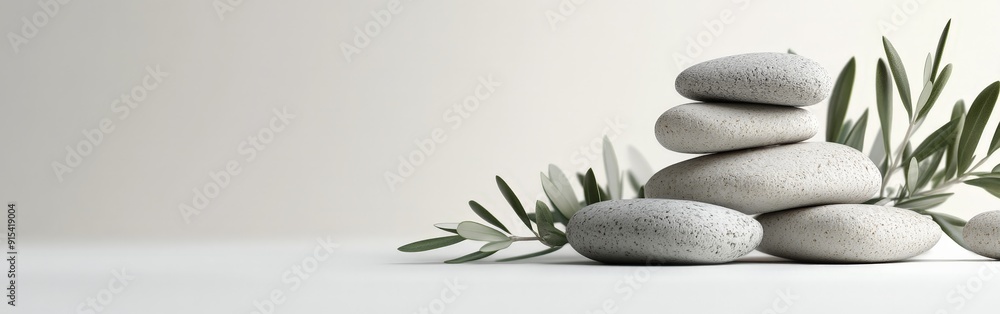 Tranquil Scene with Sage Twig and Smooth Pebbles on Sand Tranquil Scene with Sage Twig and Smooth Pebbles on Sand