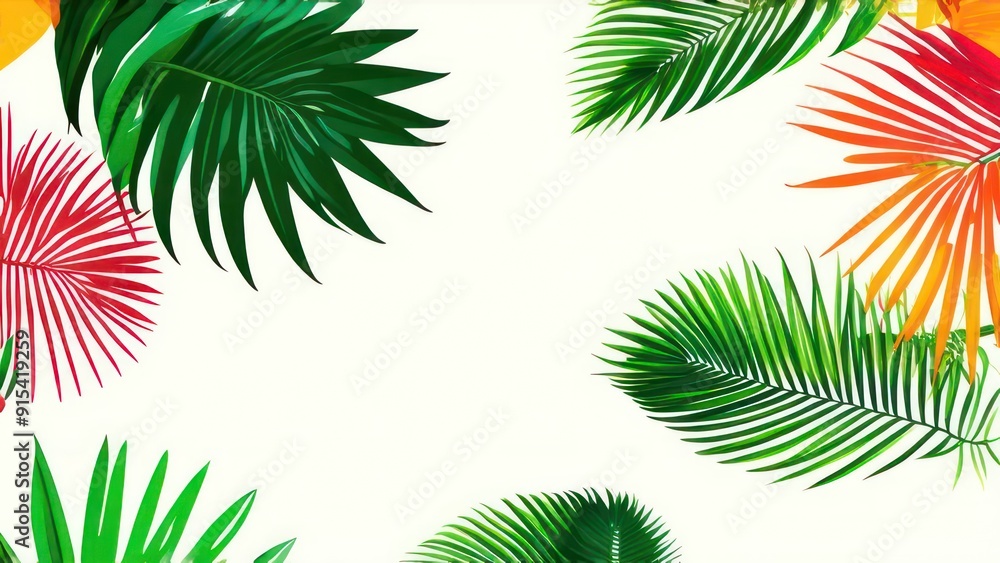 Naklejka premium multi-colored palm leaves on the light background with space for text in the center