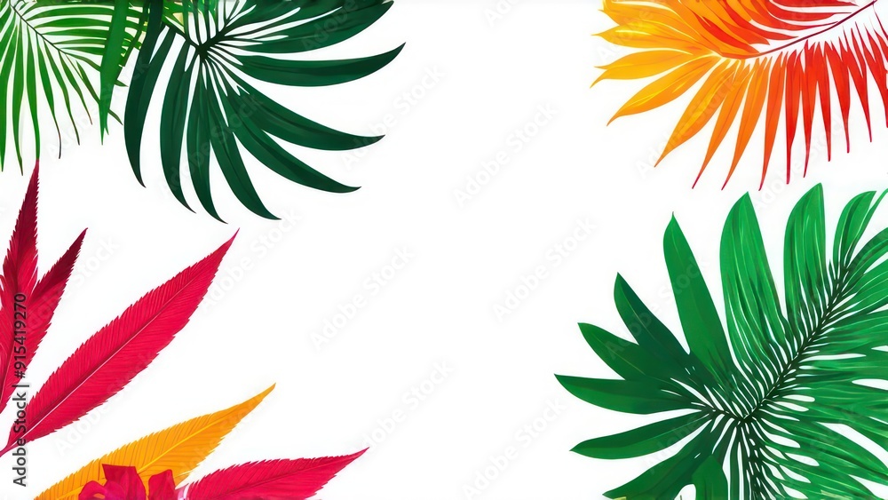 multi-colored palm leaves on the light background with space for text in the center multi-colored palm leaves on the light background with space for text in the center