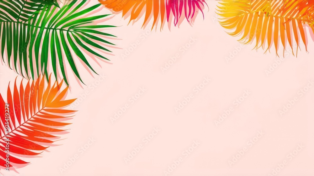 multi-colored palm leaves on the light background with space for text in the center multi-colored palm leaves on the light background with space for text in the center