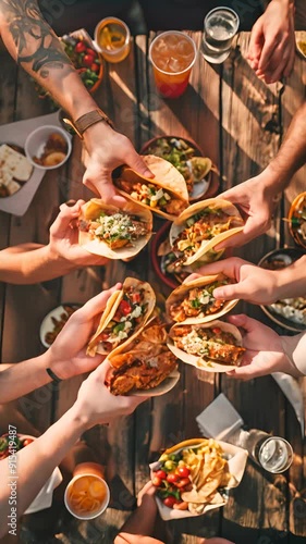 Friends happily enjoying tacos and drinks at a wooden table, surrounded by mexican food ingredients. Laughter and togetherness fill the scene, perfect for a fun social gathering