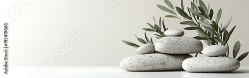 Tranquil Scene with Sage Twig and Smooth Pebbles on Sand