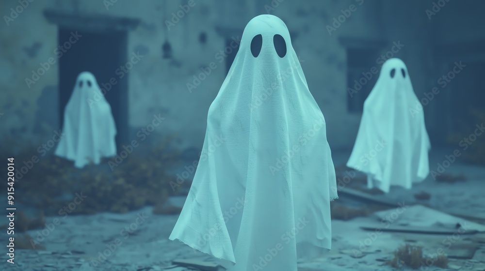 Ghosts floating through a decaying haunted house, Haunted house ghosts, spectral scene Ghosts floating through a decaying haunted house, Haunted house ghosts, spectral scene