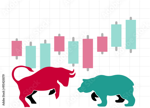 Stock market bear bull fighting together illustration