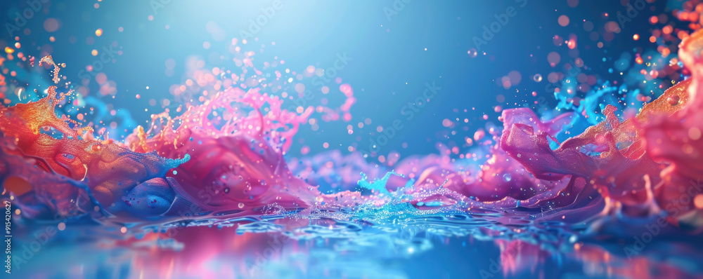 Vibrant water splashes create an abstract design in shades of pink and blue under soft light Vibrant water splashes create an abstract design in shades of pink and blue under soft light