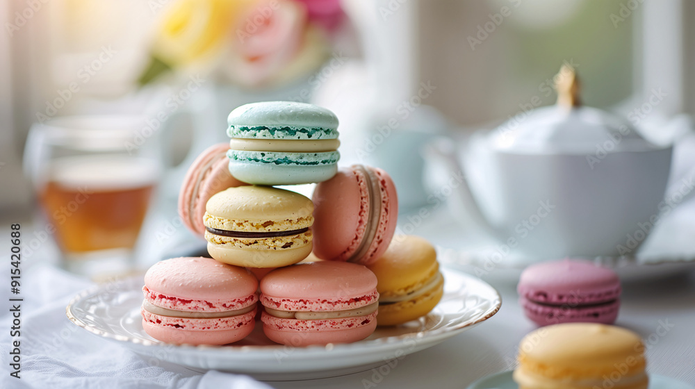 a stack of colorful macarons, arranged on a delicate porcelain plate with a cup of tea and a teapot in the background, set on a light, airy breakfast table a stack of colorful macarons, arranged on a delicate porcelain plate with a cup of tea and a teapot in the background, set on a light, airy breakfast table