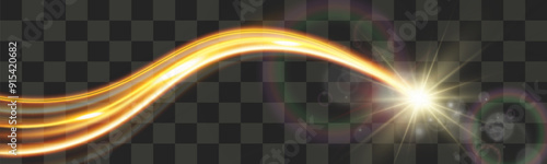 Light wave,shiny gold lines.Color glowing design element.Wavy bright stripes.Vector illustration.	
