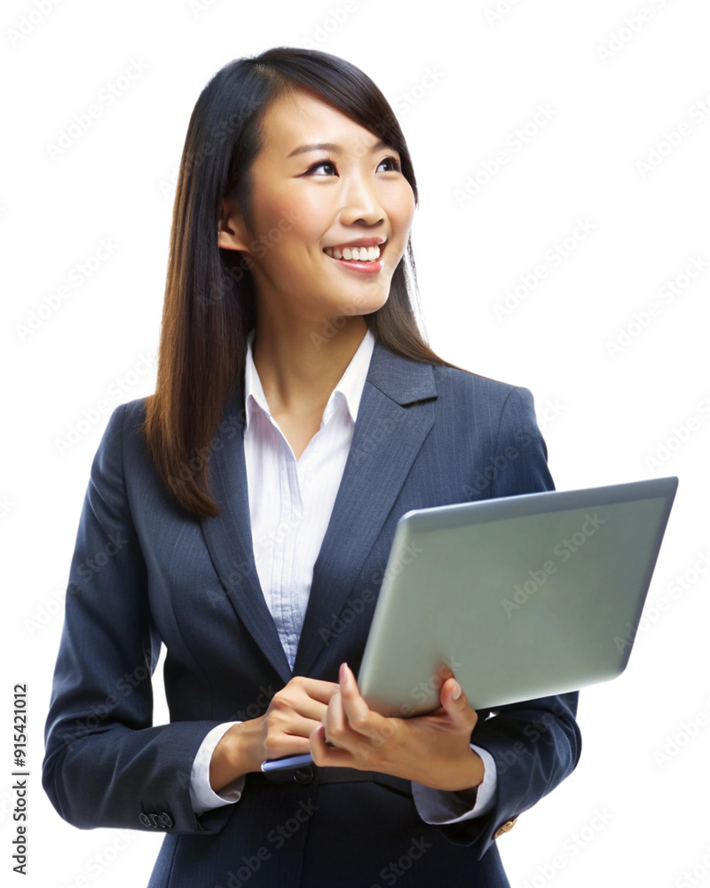 Smiling young asian businesswoman standing with laptop computer over white background, looking away, isolated on white background. Generative AI. Smiling young asian businesswoman standing with laptop computer over white background, looking away, isolated on white background. Generative AI.