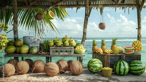 Tropical Fruit Stand on a Sandy Beach with Ocean View photo