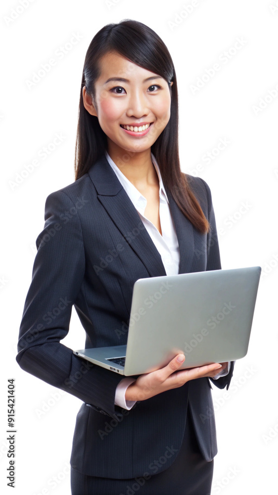 Smiling young asian businesswoman standing with laptop computer over white background, looking away, isolated on white background. Generative AI. 