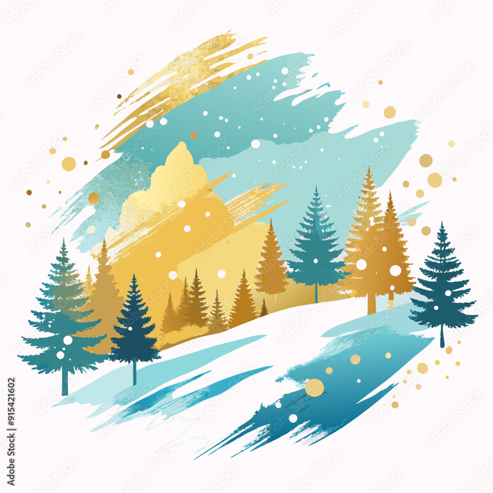 Fototapeta premium Vector winter blue and gold landscape background. Abstract modern Christmas design for vector celebration, season decoration, backgrounds, branding, banners, covers, cards, or social media templates.