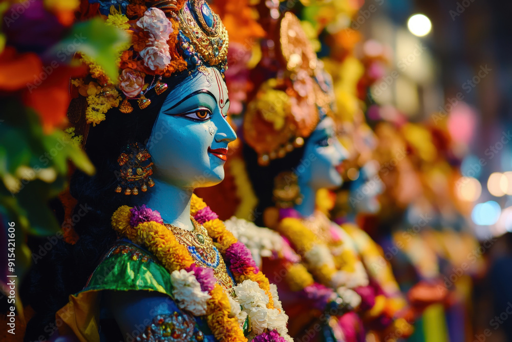 Hindu god statues are getting decorated with flower garlands for dussehra festival celebration Hindu god statues are getting decorated with flower garlands for dussehra festival celebration