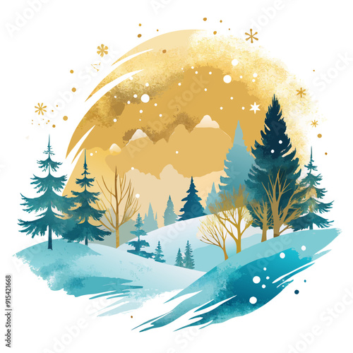 Vector winter blue and gold landscape background. Abstract modern Christmas design for vector celebration, season decoration, backgrounds, branding, banners, covers, cards, or social media templates.