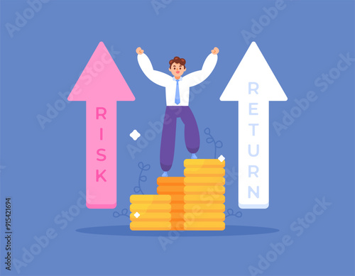 high risk high return concept. ROI or Return on Investment. successfully gain profit. illustration of a businessman happy because get good result from high risk. flat style design. graphic element