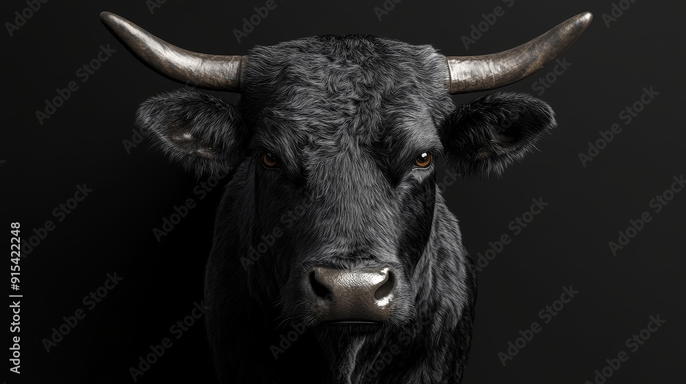 A black bull with horns is staring at the camera A black bull with horns is staring at the camera