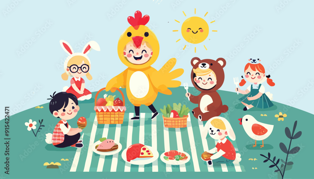 cartoon of a boy in a chicken costume playing with other children in animal costumes cartoon of a boy in a chicken costume playing with other children in animal costumes