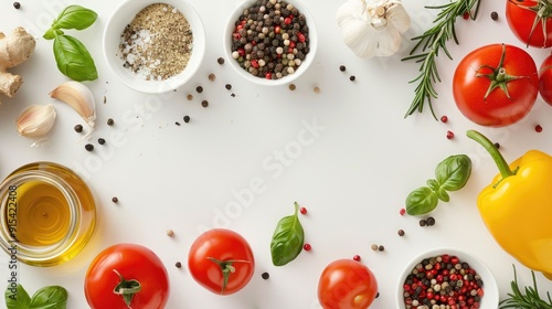 Cooking ingredients on table with white background from above.