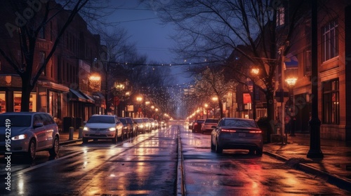 Evening City Street with Lights and Wet Pavement