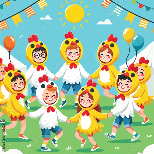 A group of children in chicken costumes holding hands in a circle