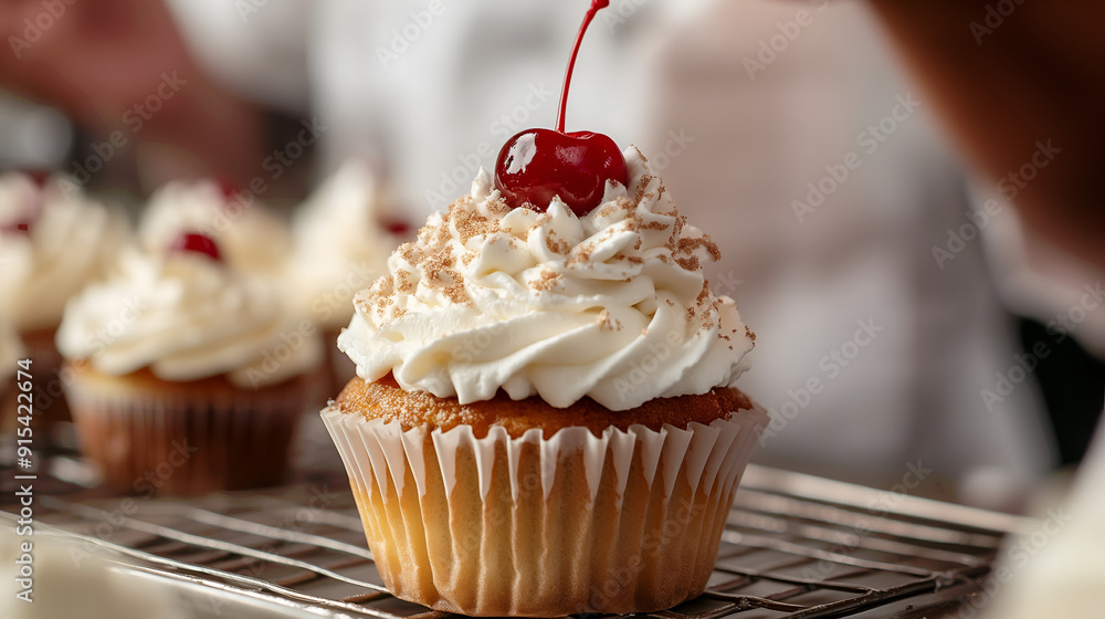 A close-up of a beautifully decorated cupcake topped with a swirl of whipped cream, a cherry, and a sprinkle of brown sugar.