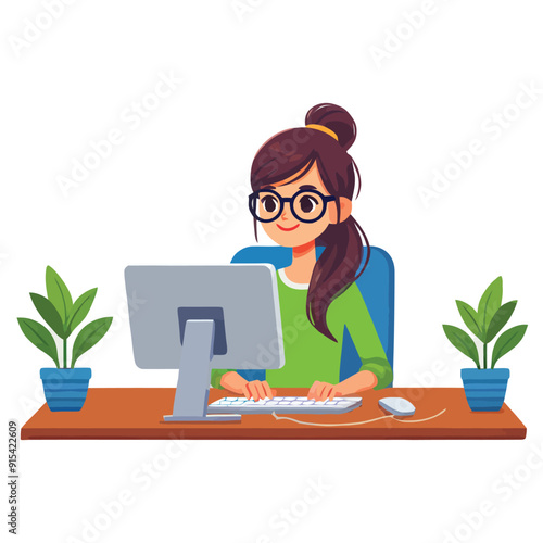cartoon woman coder with glasses sitting at a computer