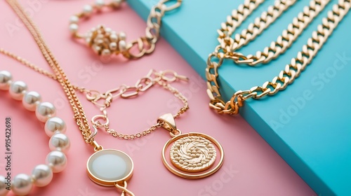 Stylish gold pendants and bracelets on a background of pink and blue