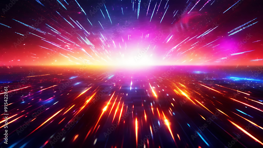 Naklejka premium Futuristic Data Flow Explosion Effect with Sci-Fi Motion and Neon Glowing Rays for High-Tech Background and Hyper-Realistic Design.