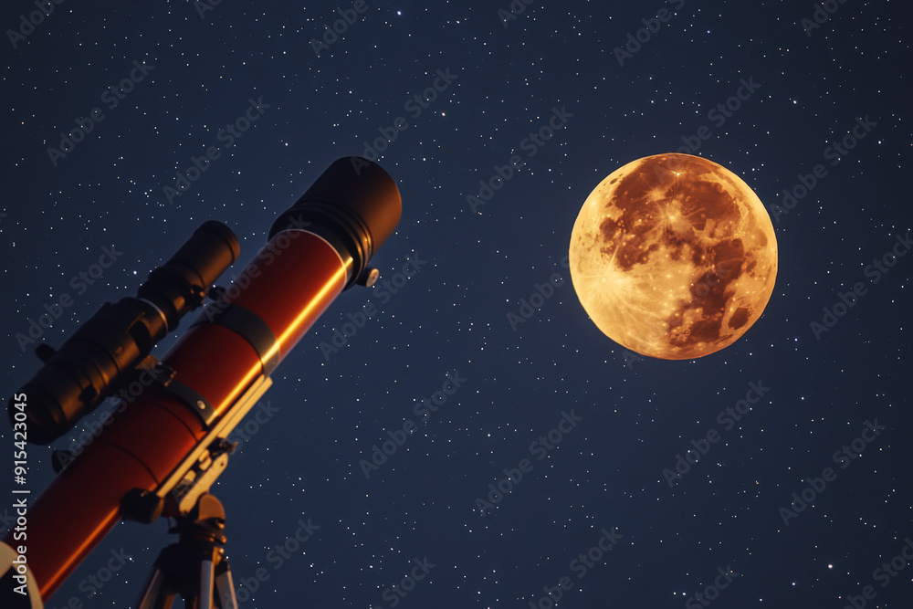 Telescope is pointing at the night sky during a lunar eclipse, with the moon shining red Telescope is pointing at the night sky during a lunar eclipse, with the moon shining red
