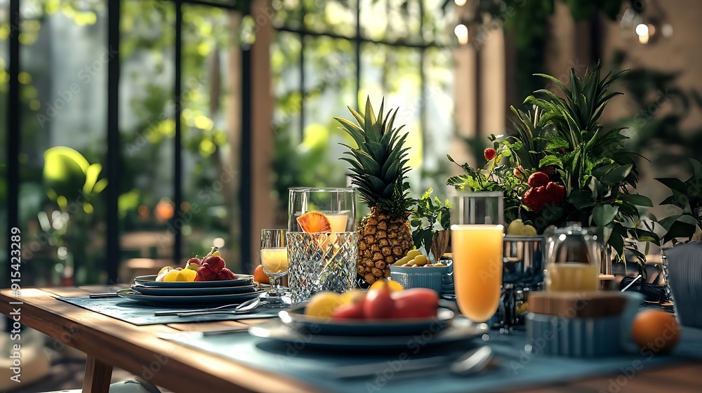 Summer Brunch Table Setting with Pineapple, Flowers, and Juice - 3D Illustration