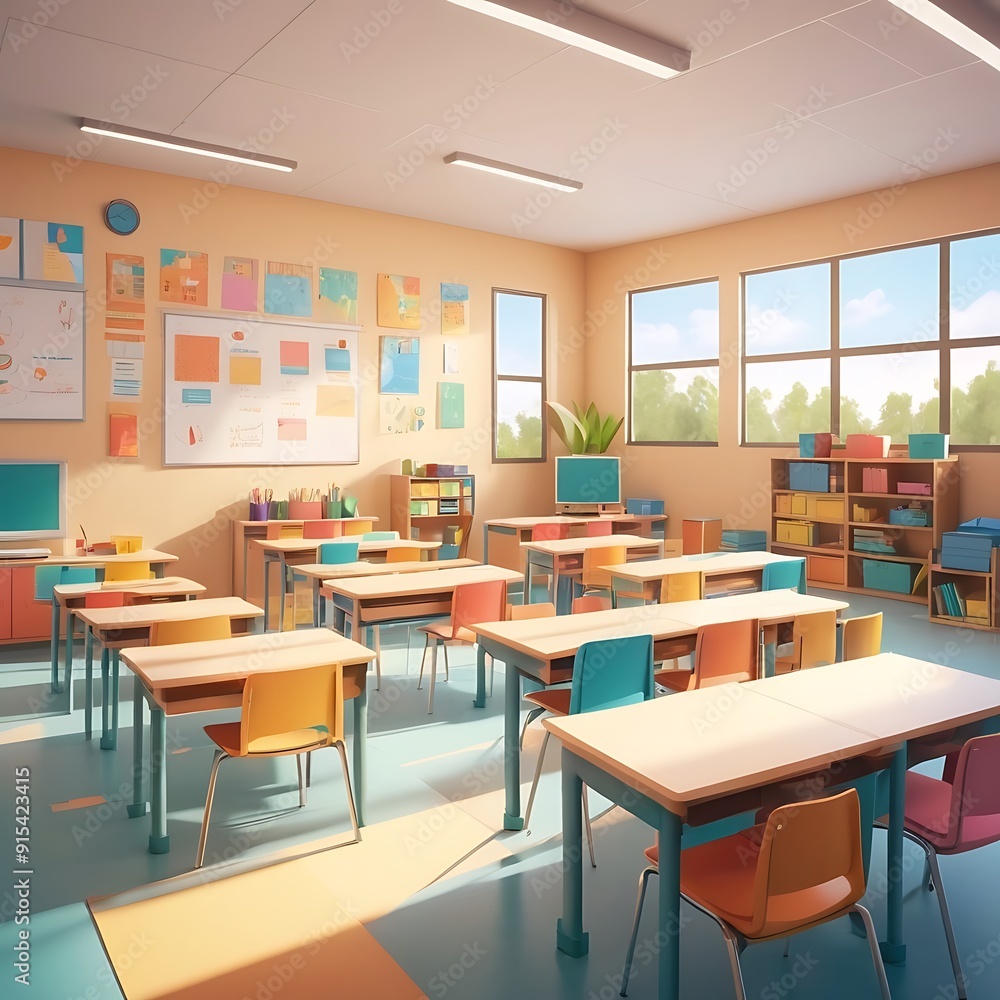Bright school classroom with all chair facing forward, Vintage school interior, empty school classroom without young student and blurry view of elementary class room no kid or teacher Bright school classroom with all chair facing forward, Vintage school interior, empty school classroom without young student and blurry view of elementary class room no kid or teacher