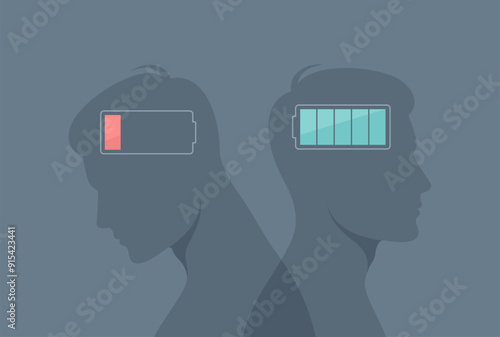 Two male silhouettes back to back with charged and discharged battery indicators in their heads, flat vector illustration