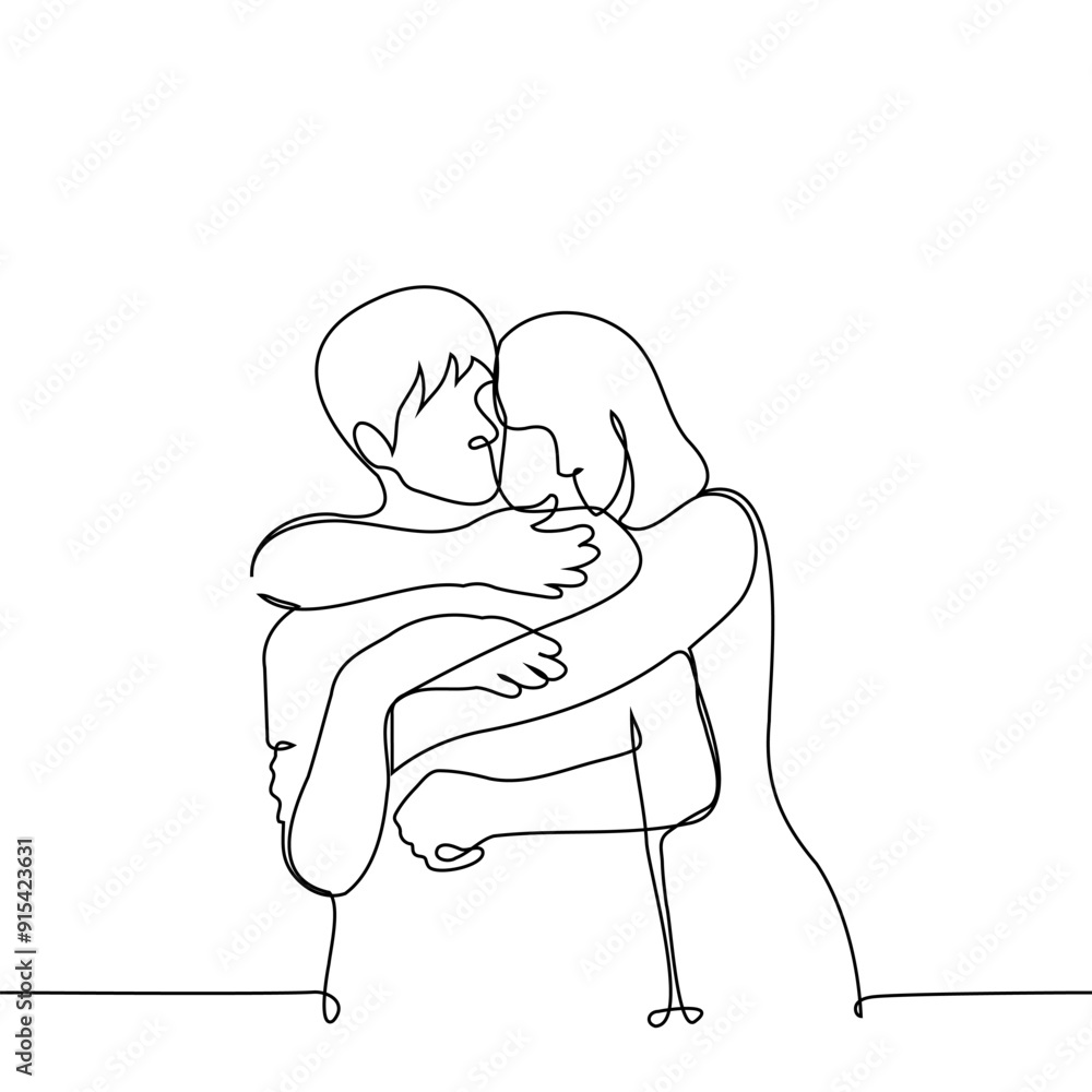 woman hugging man tenderly from behind - one line art vector. concept gentle touch couple, support, skinship woman hugging man tenderly from behind - one line art vector. concept gentle touch couple, support, skinship